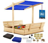 KOTARBAU® Arenero Infantil - Madera - 120 x 120 cm - Natural - Arenero con Tapa - y Bancos - con Techo Azul - Protección Solar - Cajón de Arena - Zona de Arena Infantil