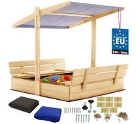 KOTARBAU® Arenero Infantil - Madera - 120 x 120 cm - Natural - Arenero con Tapa - y Bancos - con Techo Gris - Protección Solar - Cajón de Arena - Zona de Arena Infantil