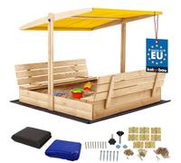 KOTARBAU® Arenero Infantil - Madera - 140 x 140 cm - Natural - Arenero con Tapa - y Bancos - con Techo Amarillo - Protección Solar - Cajón de Arena - Zona de Arena Infantil
