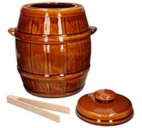 KOTARBAU® Barril de gres con ranura/canal para agua, 5 L, Marrón, Bote de barro, Recipiente de cerámica con asas, Olla para fermentación, Tarro para fermentar chucrut, kimchee + pinzas de madera