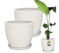 KOTARBAU® Juego de 2 macetas con plato, color blanco, 38 cm, altura: 33 cm, cerámica esmaltada, maceta grande para cactus, maceta con platillo