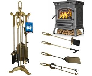 KOTARBAU® Juego de Herramientas para Chimenea de Metal Dorado, Set de 5 Piezas: Escoba, Pala, Pinzas y atizador de Ceniza con Soporte de pie de Cristal, Herramientas para Estufa latón, Retro