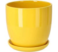 KOTARBAU® Macetero con Plato de Ceramica esmaltada, 13 cm, Maceta para Interiores y Exteriores, Tiesto Decorativo para Plantas, Amarilla con Plato y Orificio de Drenaje