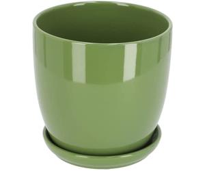 KOTARBAU® Macetero con Plato de Ceramica esmaltada, 15 cm, Maceta para Interiores y Exteriores, Tiesto Decorativo para Plantas, Verde, con Plato y Orificio de Drenaje
