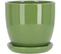 KOTARBAU® Macetero con Plato de Ceramica esmaltada, 17 cm, Maceta para Interiores y Exteriores, Tiesto Decorativo para Plantas, Verde, con Plato y Orificio de Drenaje