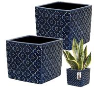 KOTARBAU® Macetero cuadrado de cerámica, vintage, color azul cobalto, 13 x 13 cm, altura: 13 cm, cerámica esmaltada, 2 unidades, cuadrada, para interior