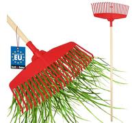 KOTARBAU® Rastrillo Hojas Jardin - Plástico - 48 cm - con Mango de Madera - 150 cm - Rastrillo Jardin - Herramienta Jardinería - Rastrillos para Cesped - Fácil De Guardar - Rojo y Madera Barnizada