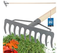 KOTARBAU® Rastrillo Jardin - Metal - 26 cm - Rastrillo Hojas Jardin - 10 Dientes - con Mango de Madera - Herramienta Robusta para Cesped y Jardinería - Gris & Natural