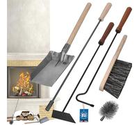 KOTARBAU® Utensilios de chimenea, estufa, 5 herramientas: Rascador de ceniza, Atizador, Escobilla, Cepillo de acero con varilla, Pala de carbón, Limpieza de chimenea, Accesorios para limpiar chimenea