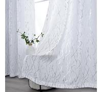 Kotile - Cortinas Blancas y Plateadas de 160 cm de Largo, con Dibujo de Ramas Plateadas Metalizadas para Dormitorio, con Ojales, semitransparentes, de ocultamiento, 132 x 160 cm, 2 Unidades