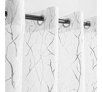Kotile - Cortinas Blancas y Plateadas de 160 cm de Largo, semitransparentes, con Dibujo de Ramas Plateadas Metalizadas, para Dormitorio, con Ojales, de ocultamiento, 132 x 160 cm, 2 Unidades