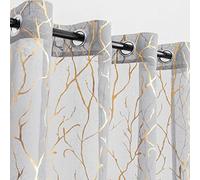 Kotile Cortinas semitransparentes de Gasa, Dibujo de Ramas Doradas Metalizadas, Grises, 160 cm de Largo, para Dormitorio, con Ojales, filtran la luz, 132 x 160 cm, 2 Unidades, Gris y Dorado.
