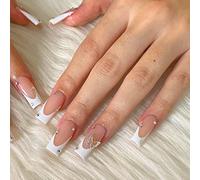 Kotkiddy 24 piezas French Tip Press on Square Long Fake Cover Glue on Nails with Rhinestones and Butterfly Charm Designs Glossy Stick on Nails for Women and Girls