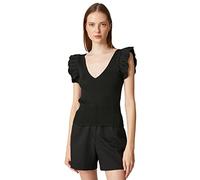 Koton Voluminous V Neck Tricot Detail Camiseta, Schwarz (999), XS para Mujer