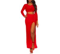 Koucla Vestido largo de cóctel de Nochevieja de manga larga con corte y abertura en las piernas S, rojo