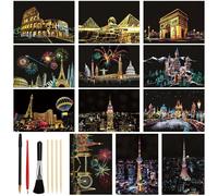 KOUHA Papel Scratch Art Scratch Pictures 12 PCS Urban Rascar Dibujos Paper y Pen Set City Series Night View Lamina Rascar Monumentos Mundialmente Famosos Imagen de Pared Scratch Pictures
