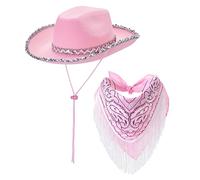 Kouoybt Sombreros de vaquero con lentejuelas para mujer + bandana, juego de 2 sombreros de vaquera occidental con purpurina de ala ancha para suministros de fiesta de cumpleaños (rosa con lentejuelas,