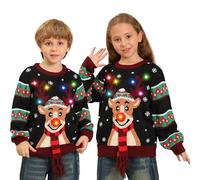 Kouric Jersey Navideño Niño Luces,Jersey Navidad con Estampado de Reno con Bufanda,Ugly Christmas Sweater,Suéter Navidad Niño/Niña,Christmas Jumper,Jerseys Navideños Feos Negro