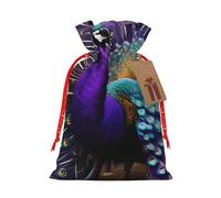 KOUUIP Bolsa de lino de arpillera con estampado de pavo real morado, regalos de fiesta de Navidad, varios tamaños (S, M)