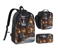 KOUUIP Christmas Village House - 4 mochilas estampadas con lonchera y estuche para lápices, 3 piezas, bolsa ligera unisex para viajes