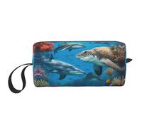 KOUUIP Estuche organizador de maquillaje portátil con diseño de delfines, tortugas marinas, tiburones, pulpos, arrecifes de coral, gran capacidad, para mujer, Blanco, Talla única