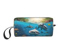 KOUUIP Estuche organizador de maquillaje portátil con estampado de delfines, tortugas marinas, tiburones, pulpos, corales, gran capacidad, para mujer, Blanco, Talla única