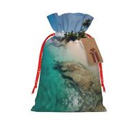 KOUUIP Hermosa bolsa de lino de arpillera con estampado de isla para regalos de fiesta de Navidad, varios tamaños (S, M)
