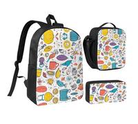 KOUUIP Mochilas coloridas dibujadas a mano con estampado de plumas blancas con lonchera y estuche para lápices, 3 piezas, bolsa ligera unisex para viajes