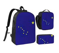 KOUUIP Mochilas con estampado de bandera del estado de Alaska con bolsa de almuerzo, estuche para lápices, 3 piezas, bolsa ligera unisex para viajes