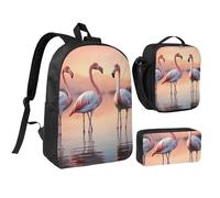 KOUUIP Mochilas con estampado de cuatro flamencos con estuche para el almuerzo, 3 piezas, bolsa ligera unisex para viajes