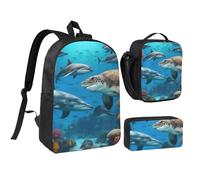 KOUUIP Mochilas con estampado de delfines, tortugas marinas, tiburones, pulpos, arrecifes de coral, con bolsa de almuerzo, estuche para lápices, 3 piezas, bolsa ligera unisex para viajes