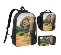 KOUUIP Mochilas con estampado de elefante africano con lonchera y estuche para lápices, 3 piezas, bolsa ligera unisex para viajes