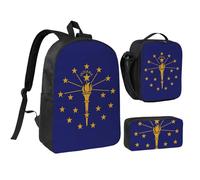 KOUUIP Mochilas con estampado de la bandera del estado de Indiana con bolsa de almuerzo, estuche para lápices, 3 piezas, bolsa ligera unisex para viajes