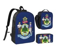 KOUUIP Mochilas con estampado de la bandera del estado de Maine con bolsa de almuerzo, estuche para lápices, 3 piezas, bolsa ligera unisex para viajes