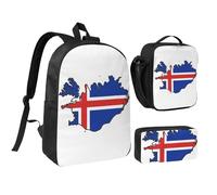 KOUUIP Mochilas con estampado de mapa de la bandera de Islandia con bolsa de almuerzo, estuche para lápices, 3 piezas, bolsa ligera unisex para viajes