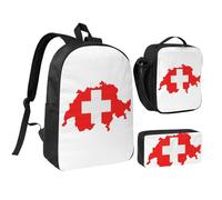 KOUUIP Mochilas con estampado de mapa de la bandera suiza con bolsa de almuerzo, estuche para lápices, 3 piezas, bolsa ligera unisex para viajes