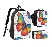 KOUUIP Mochilas con estampado de mariposa arcoíris con bolsa de almuerzo, estuche para lápices, 3 piezas, bolsa ligera unisex para viajes