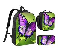 KOUUIP Mochilas con estampado de mariposas moradas con bolsa de almuerzo, estuche para lápices, 3 piezas, bolsa ligera unisex para viajes