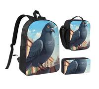 KOUUIP Mochilas con estampado de palomas de dibujos animados con bolsa de almuerzo, estuche para lápices, 3 piezas, bolsa ligera unisex para viajes