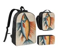 KOUUIP Mochilas con estampado de pez volador de cártamo con bolsa de almuerzo, estuche para lápices, 3 piezas, bolsa ligera unisex para viajes