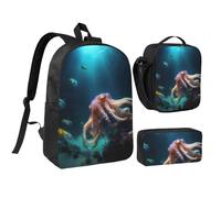 KOUUIP Mochilas con estampado de pulpo con bolsa de almuerzo, estuche para lápices, 3 piezas, bolsa ligera unisex para viajes