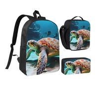 KOUUIP Mochilas con estampado de tortugas marinas con bolsa de almuerzo, estuche para lápices, 3 piezas, bolsa ligera unisex para viajes
