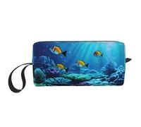KOUUIP Tranquil - Estuche organizador de maquillaje de gran capacidad con estampado de paisaje submarino, bolsa de maquillaje portátil para mujer, Blanco, Talla única