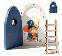 KOVSGQ Puerta de hadas de madera, de dibujos animados, decoración para ventana, escuela, oficina, dormitorio, Acción de Gracias, Navidad, color azul