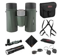 Kowa BD II XD - Prismáticos de techo PROMINAR de 10 x 32 mm con correa de cincha de arnés Waith, linterna compacta Waith, sistema de limpieza de bolígrafo de lente Nikon y paño de limpieza Waith