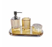kowaku Dispensador de Baño Set Organizador Dosificador de Jabón Vaso Jabonera Bandeja Vidrio de Cristal con Bandeja Reflectante Adecuado para Hoteles Baños de Invitados Tocador, Ámbar