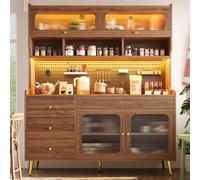 kowdom Armario alto con iluminación LED, armario de cocina estilo bufé de diseño moderno, armario de almacenamiento de madera MDF y cristal con control de aplicación, gran espacio de almacenamiento