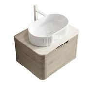 kowdom Armario colgante para debajo del lavabo de 60 cm con lavabo ovalado de cerámica - Armario de lavabo colgante con placa de piedra sinterizada cajón de cierre suave - Juego de muebles de baño