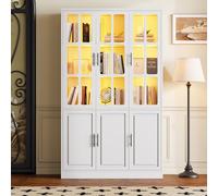 kowdom Armario de cocina alto con iluminación LED, 121,5 cm de ancho, 200 cm de alto, armario multiusos con puertas de cristal, armario para el hogar para salón y comedor en color blanco