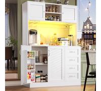 kowdom Armario de cocina alto con iluminación LED | Armario multiusos con encimera y cajones | vitrina para salón y comedor | Armario para el hogar en blanco, negro y verde
